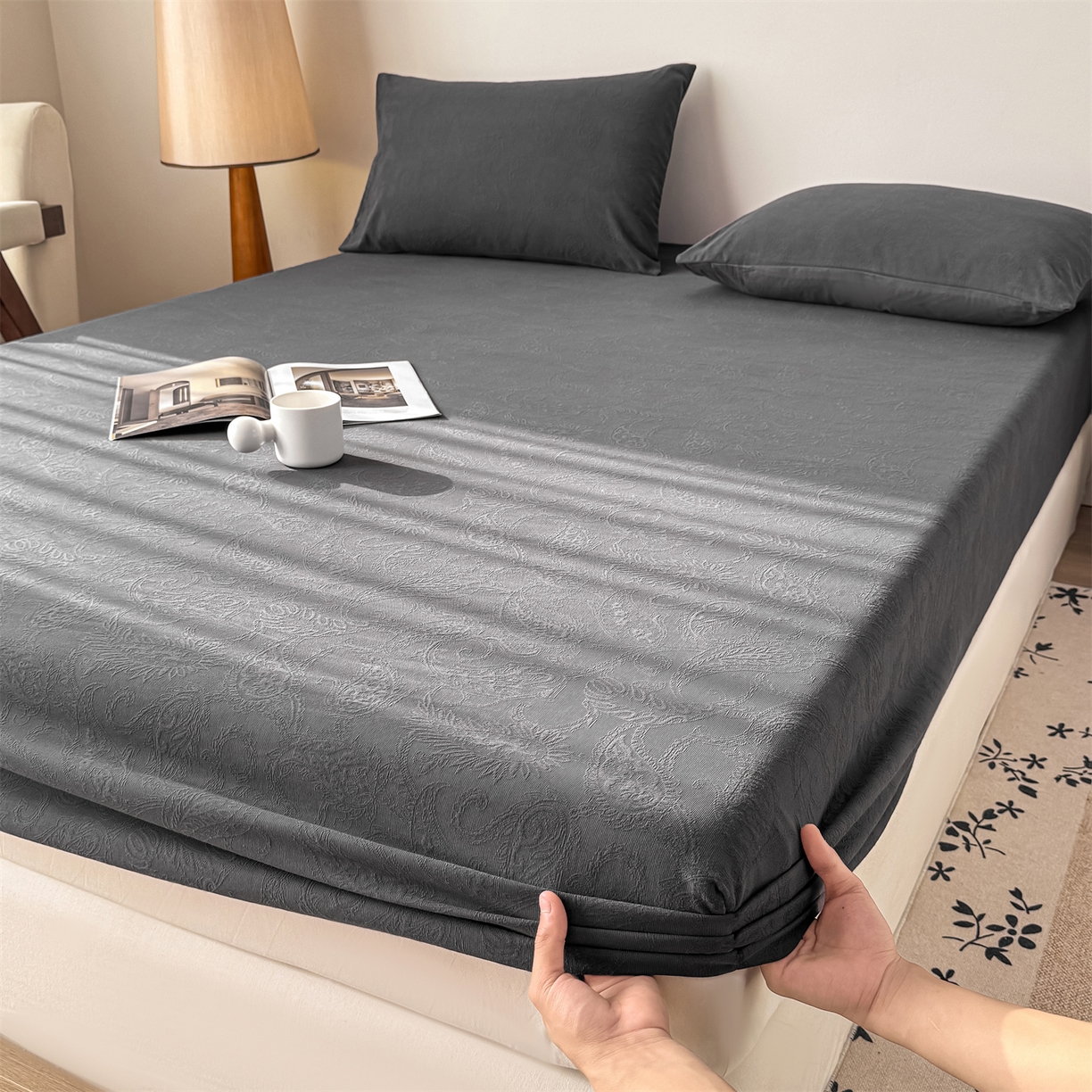 91家纺网 家纺一手货源 找家纺 灰鲸 2026新款全棉纯棉厚织三层水洗色织提花床笠单品床笠床笠单件 罗格西亚-素墨