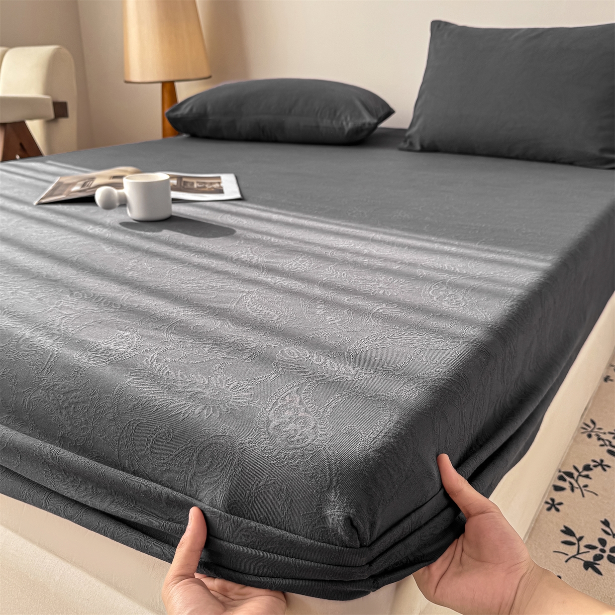 91家纺网 家纺一手货源 找家纺 灰鲸 2026新款全棉纯棉厚织三层水洗色织提花床笠单品床笠床笠单件 罗格西亚-素墨