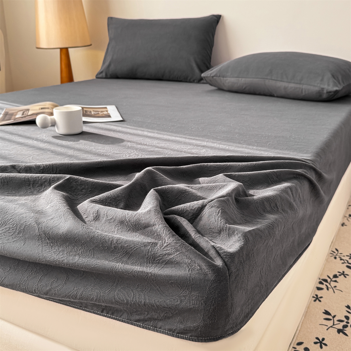 91家纺网 家纺一手货源 找家纺 灰鲸 2026新款全棉纯棉厚织三层水洗色织提花床笠单品床笠床笠单件 罗格西亚-素墨