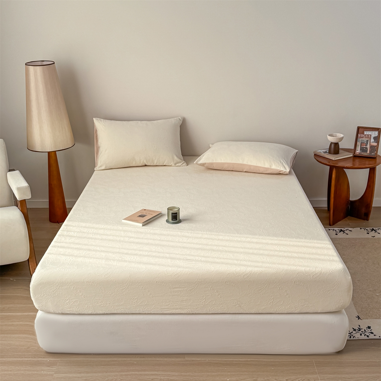 91家纺网 家纺一手货源 找家纺 灰鲸 2026新款全棉纯棉厚织三层水洗色织提花床笠单品床笠床笠单件 罗格西亚-杏仁奶霜