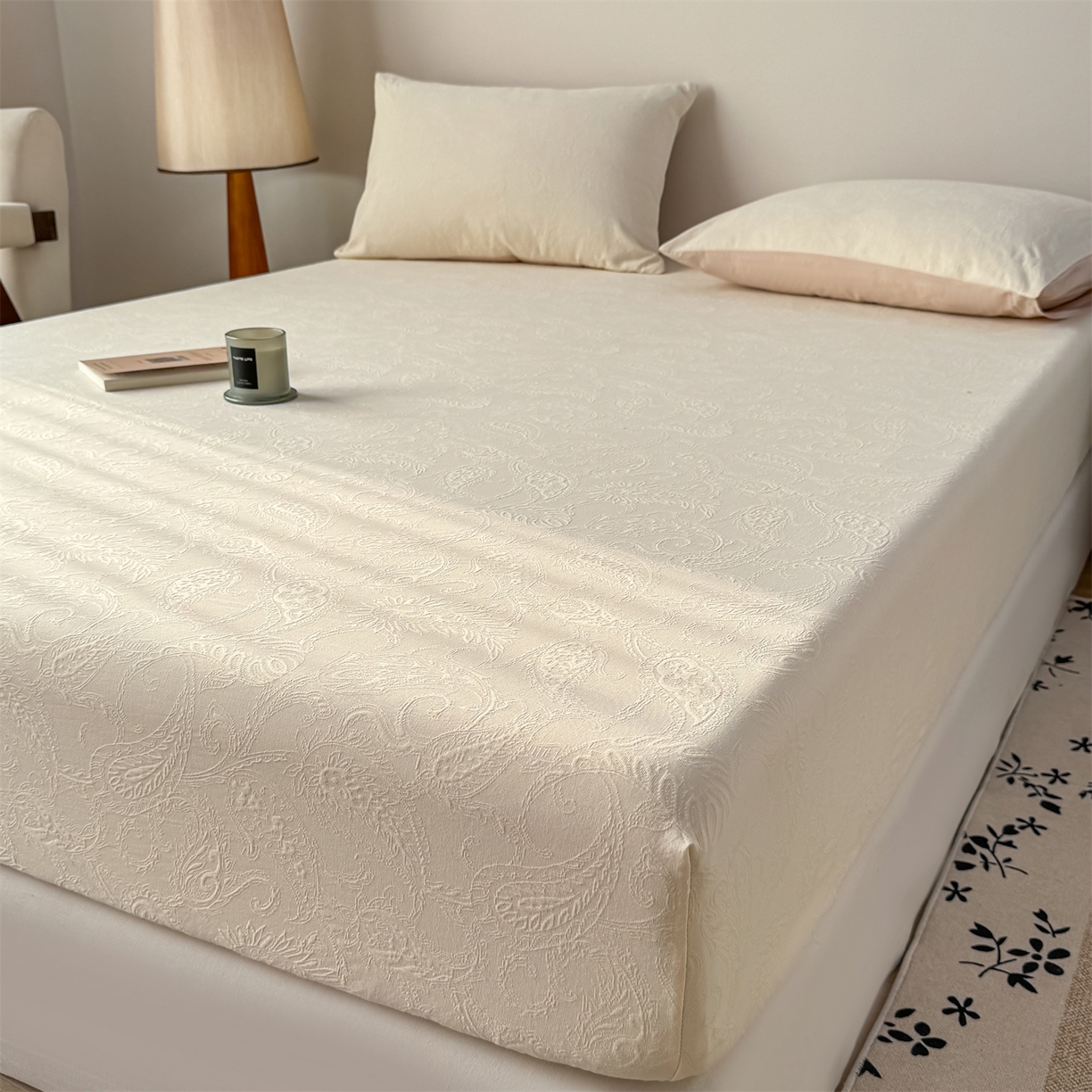 91家纺网 家纺一手货源 找家纺 灰鲸 2026新款全棉纯棉厚织三层水洗色织提花床笠单品床笠床笠单件 罗格西亚-杏仁奶霜