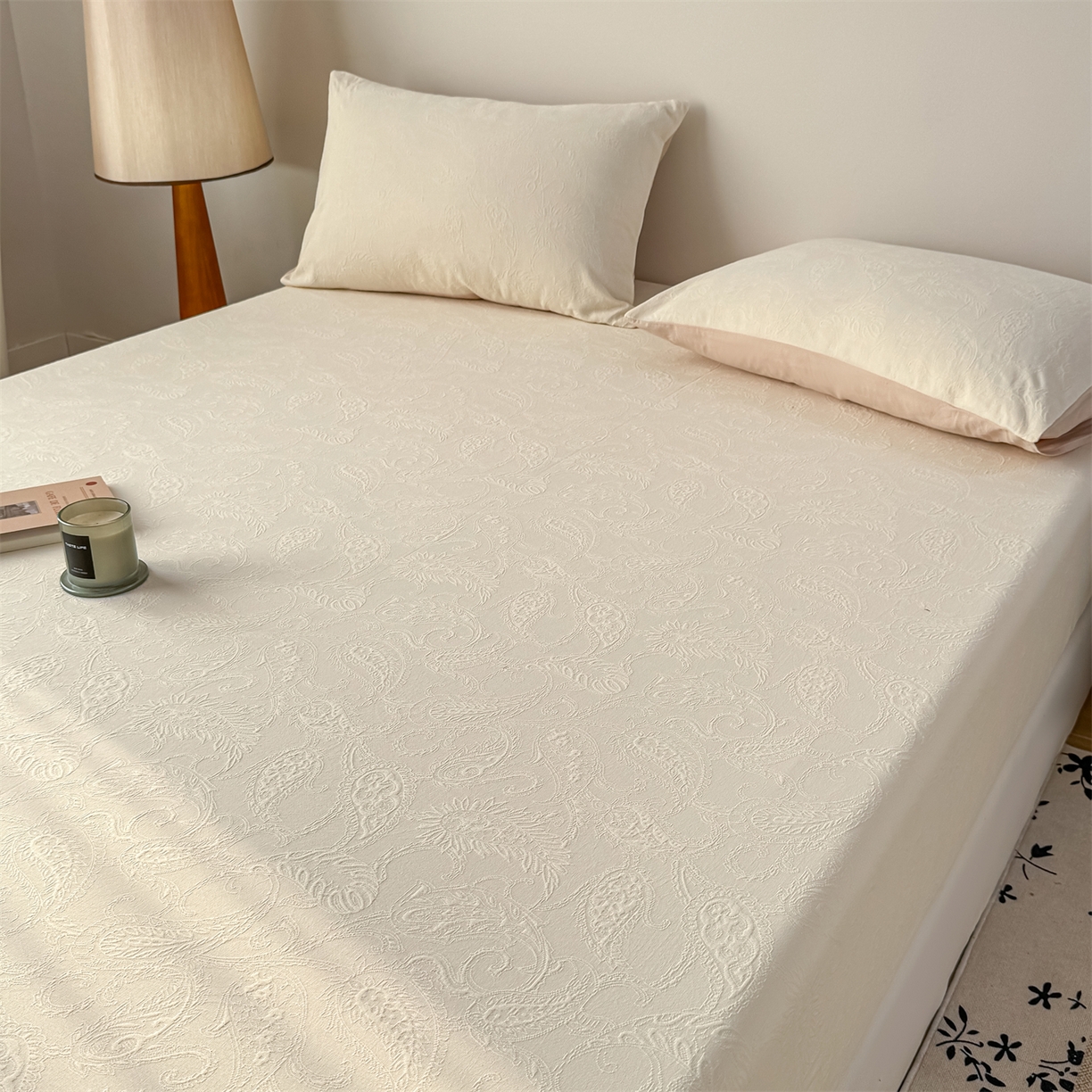 91家纺网 家纺一手货源 找家纺 灰鲸 2026新款全棉纯棉厚织三层水洗色织提花床笠单品床笠床笠单件 罗格西亚-杏仁奶霜