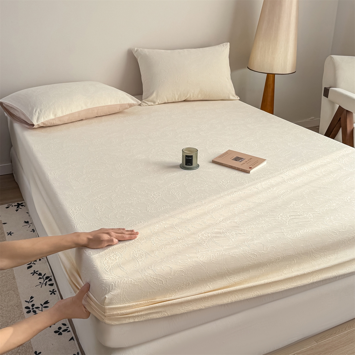 91家纺网 家纺一手货源 找家纺 灰鲸 2026新款全棉纯棉厚织三层水洗色织提花床笠单品床笠床笠单件 罗格西亚-杏仁奶霜