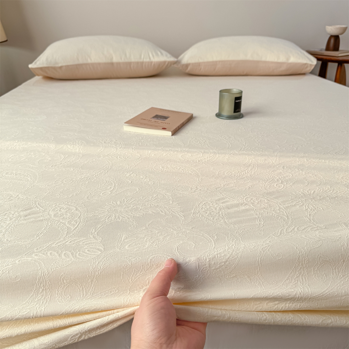 91家纺网 家纺一手货源 找家纺 灰鲸 2026新款全棉纯棉厚织三层水洗色织提花床笠单品床笠床笠单件 罗格西亚-杏仁奶霜