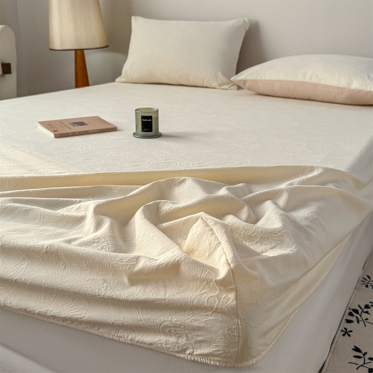 91家纺网 家纺一手货源 找家纺 灰鲸 2026新款全棉纯棉厚织三层水洗色织提花床笠单品床笠床笠单件 罗格西亚-杏仁奶霜