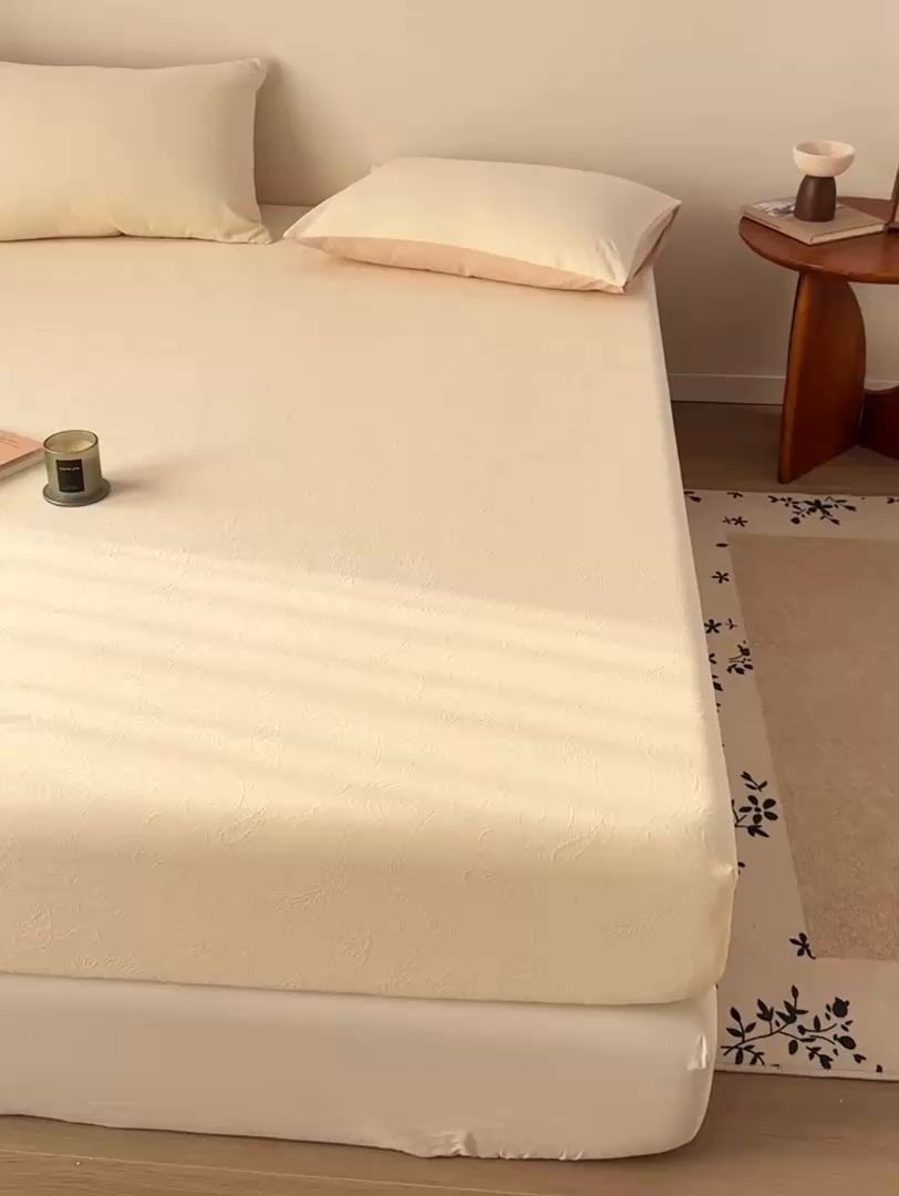 91家纺网 家纺一手货源 找家纺 灰鲸 2026新款全棉纯棉厚织三层水洗色织提花床笠单品床笠床笠单件 罗格西亚-杏仁奶霜