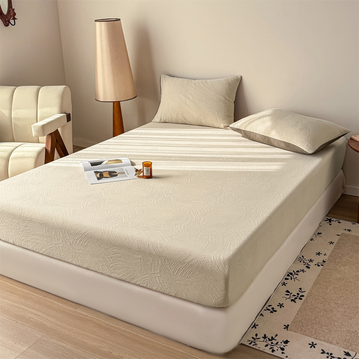 91家纺网 家纺一手货源 找家纺 灰鲸 2026新款全棉纯棉厚织三层水洗色织提花床笠单品床笠床笠单件 柔丝漫语-可可奶咖