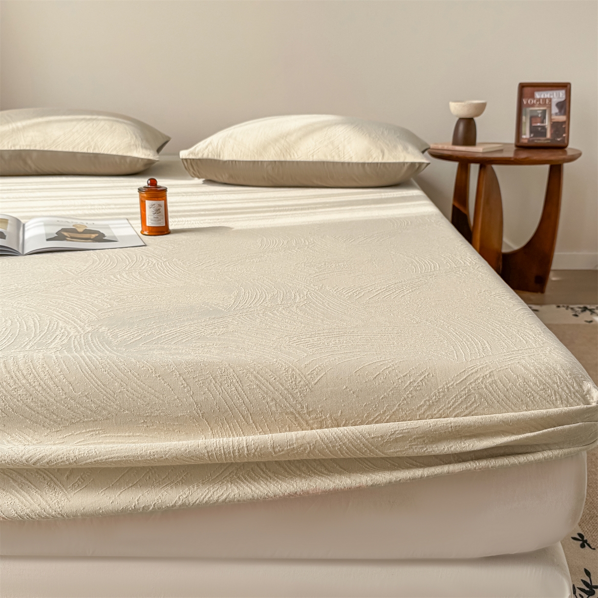 91家纺网 家纺一手货源 找家纺 灰鲸 2026新款全棉纯棉厚织三层水洗色织提花床笠单品床笠床笠单件 柔丝漫语-可可奶咖