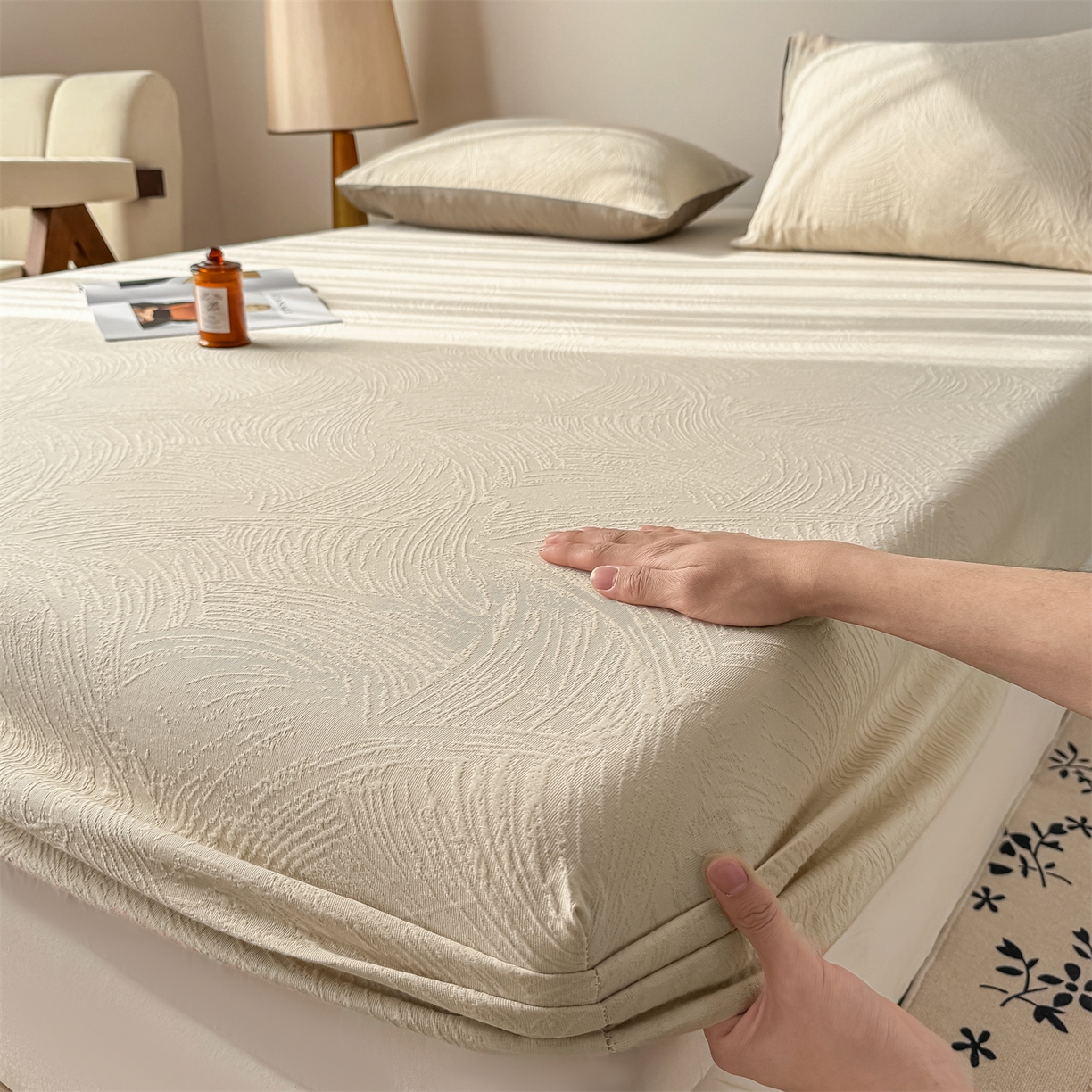 91家纺网 家纺一手货源 找家纺 灰鲸 2026新款全棉纯棉厚织三层水洗色织提花床笠单品床笠床笠单件 柔丝漫语-可可奶咖