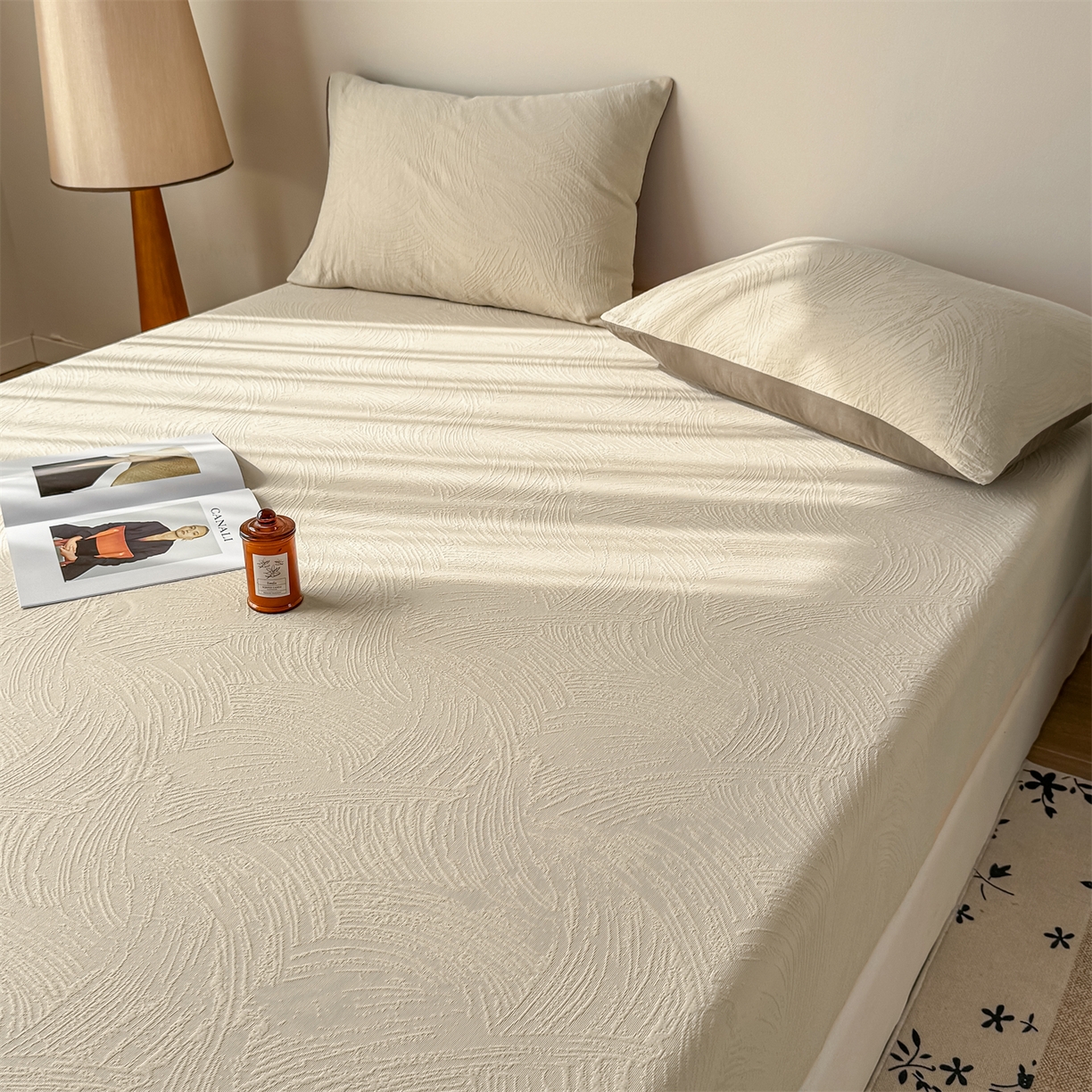 91家纺网 家纺一手货源 找家纺 灰鲸 2026新款全棉纯棉厚织三层水洗色织提花床笠单品床笠床笠单件 柔丝漫语-可可奶咖