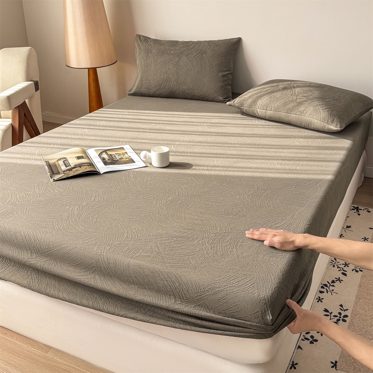 灰鲸 2026新款全棉纯棉厚织三层水洗色织提花床笠单品床笠床笠单件 柔丝漫语-摩卡