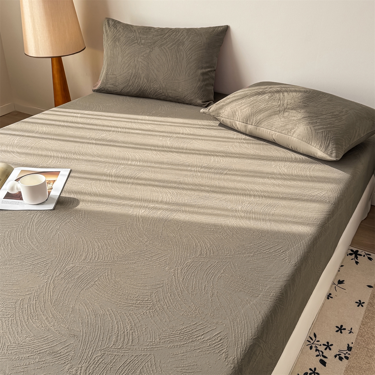 91家纺网 家纺一手货源 找家纺 灰鲸 2026新款全棉纯棉厚织三层水洗色织提花床笠单品床笠床笠单件 柔丝漫语-摩卡