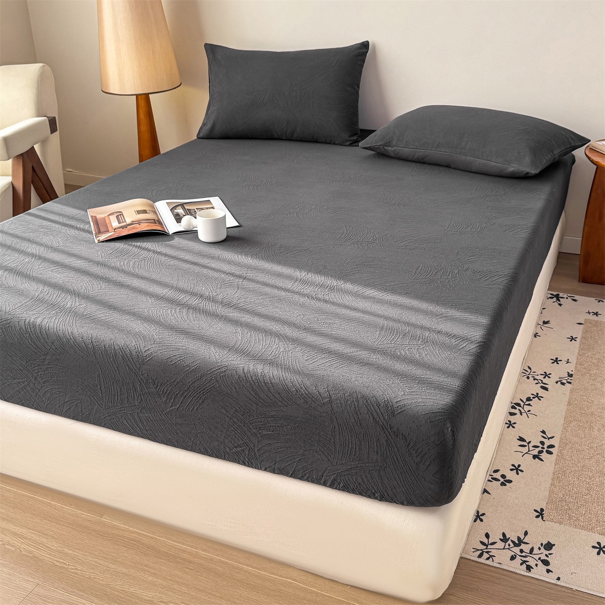 91家纺网 家纺一手货源 找家纺 灰鲸 2026新款全棉纯棉厚织三层水洗色织提花床笠单品床笠床笠单件 柔丝漫语-素墨