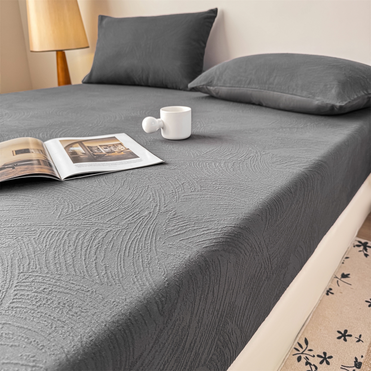 91家纺网 家纺一手货源 找家纺 灰鲸 2026新款全棉纯棉厚织三层水洗色织提花床笠单品床笠床笠单件 柔丝漫语-素墨