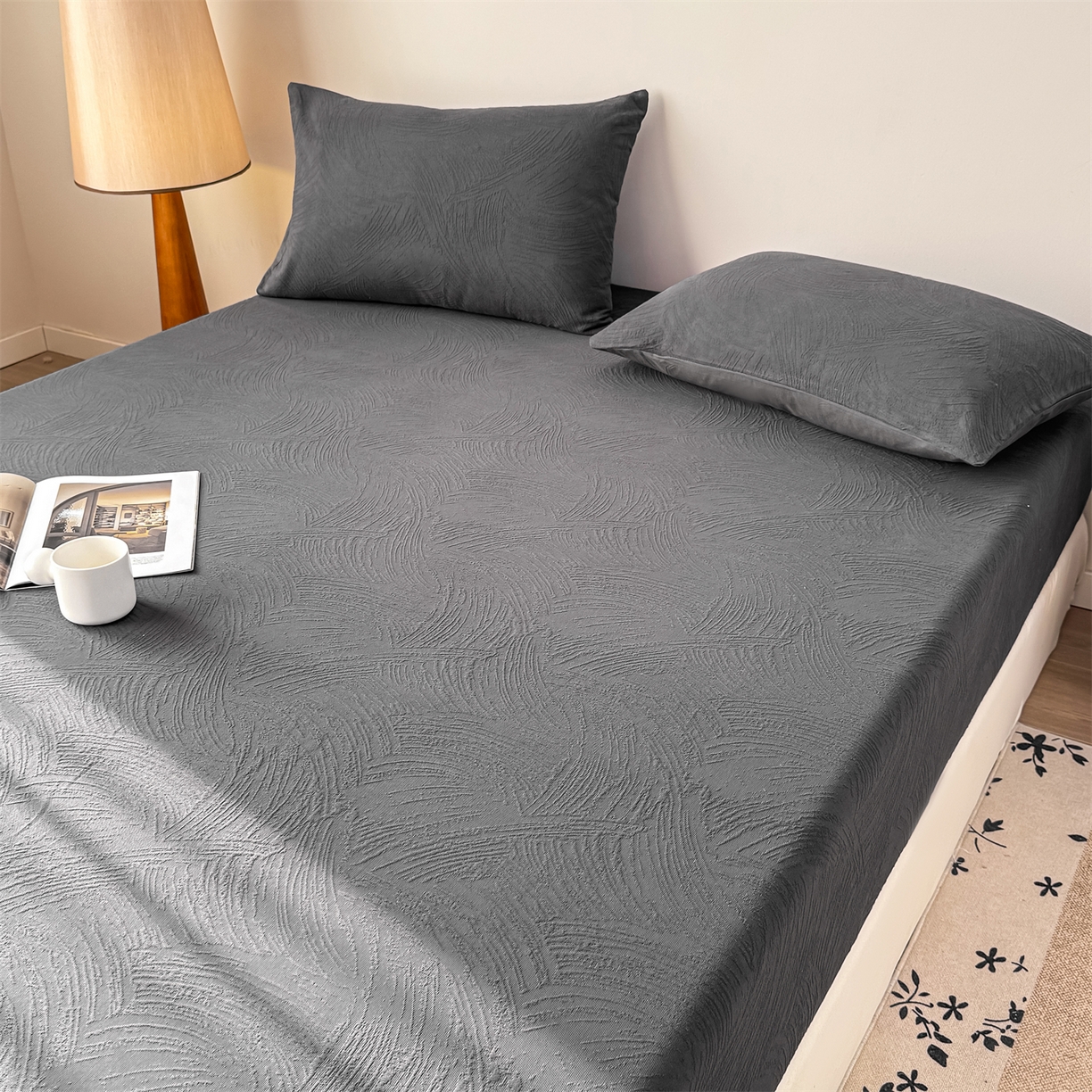 91家纺网 家纺一手货源 找家纺 灰鲸 2026新款全棉纯棉厚织三层水洗色织提花床笠单品床笠床笠单件 柔丝漫语-素墨