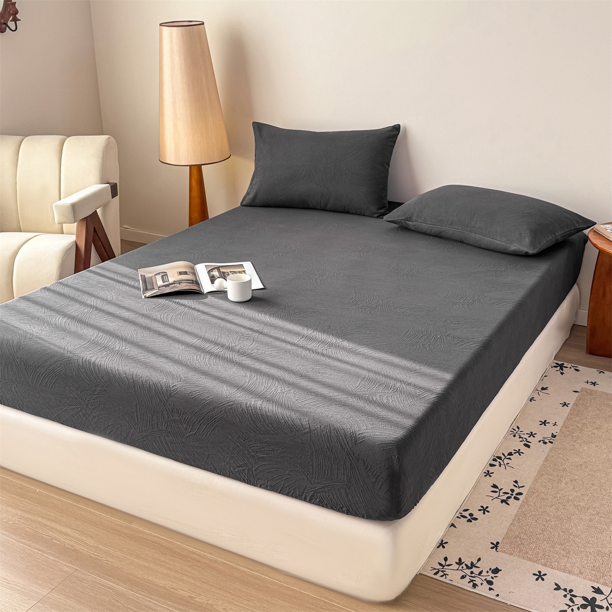 91家纺网 家纺一手货源 找家纺 灰鲸 2026新款全棉纯棉厚织三层水洗色织提花床笠单品床笠床笠单件 柔丝漫语-素墨