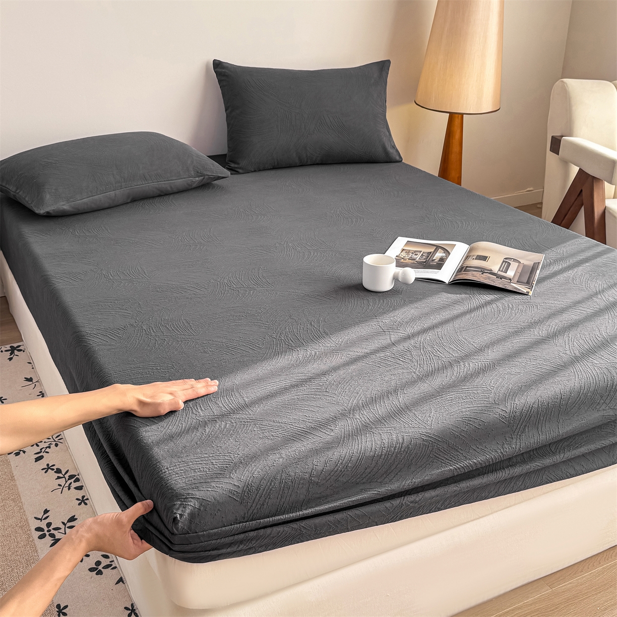 91家纺网 家纺一手货源 找家纺 灰鲸 2026新款全棉纯棉厚织三层水洗色织提花床笠单品床笠床笠单件 柔丝漫语-素墨
