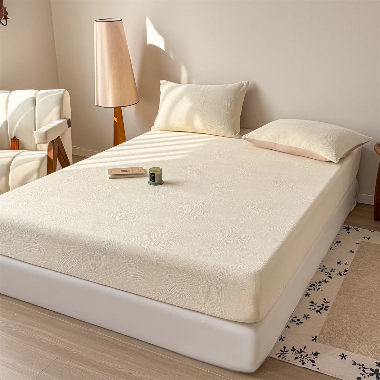 91家纺网 家纺一手货源 找家纺 灰鲸 2026新款全棉纯棉厚织三层水洗色织提花床笠单品床笠床笠单件 柔丝漫语-杏仁奶霜