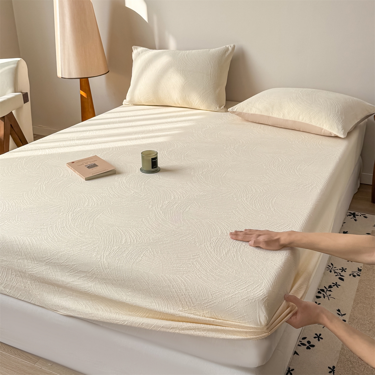灰鲸 2026新款全棉纯棉厚织三层水洗色织提花床笠单品床笠床笠单件 柔丝漫语-杏仁奶霜