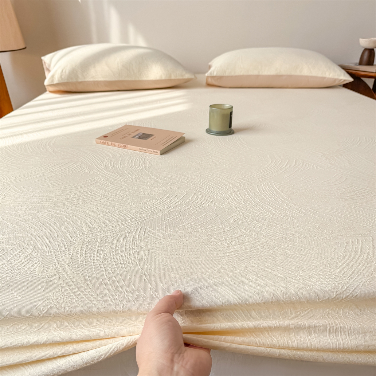 91家纺网 家纺一手货源 找家纺 灰鲸 2026新款全棉纯棉厚织三层水洗色织提花床笠单品床笠床笠单件 柔丝漫语-杏仁奶霜