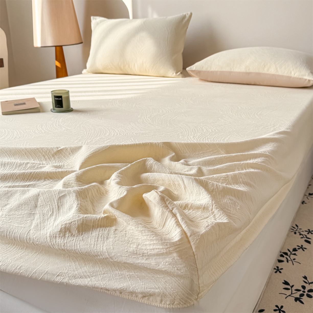 91家纺网 家纺一手货源 找家纺 灰鲸 2026新款全棉纯棉厚织三层水洗色织提花床笠单品床笠床笠单件 柔丝漫语-杏仁奶霜