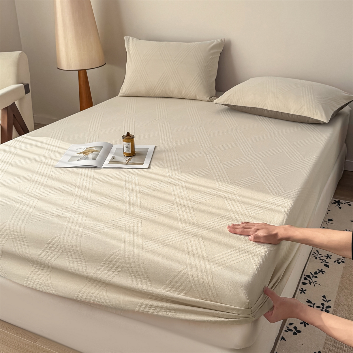 灰鲸 2026新款全棉纯棉厚织三层水洗色织提花床笠单品床笠床笠单件 维希-可可奶咖