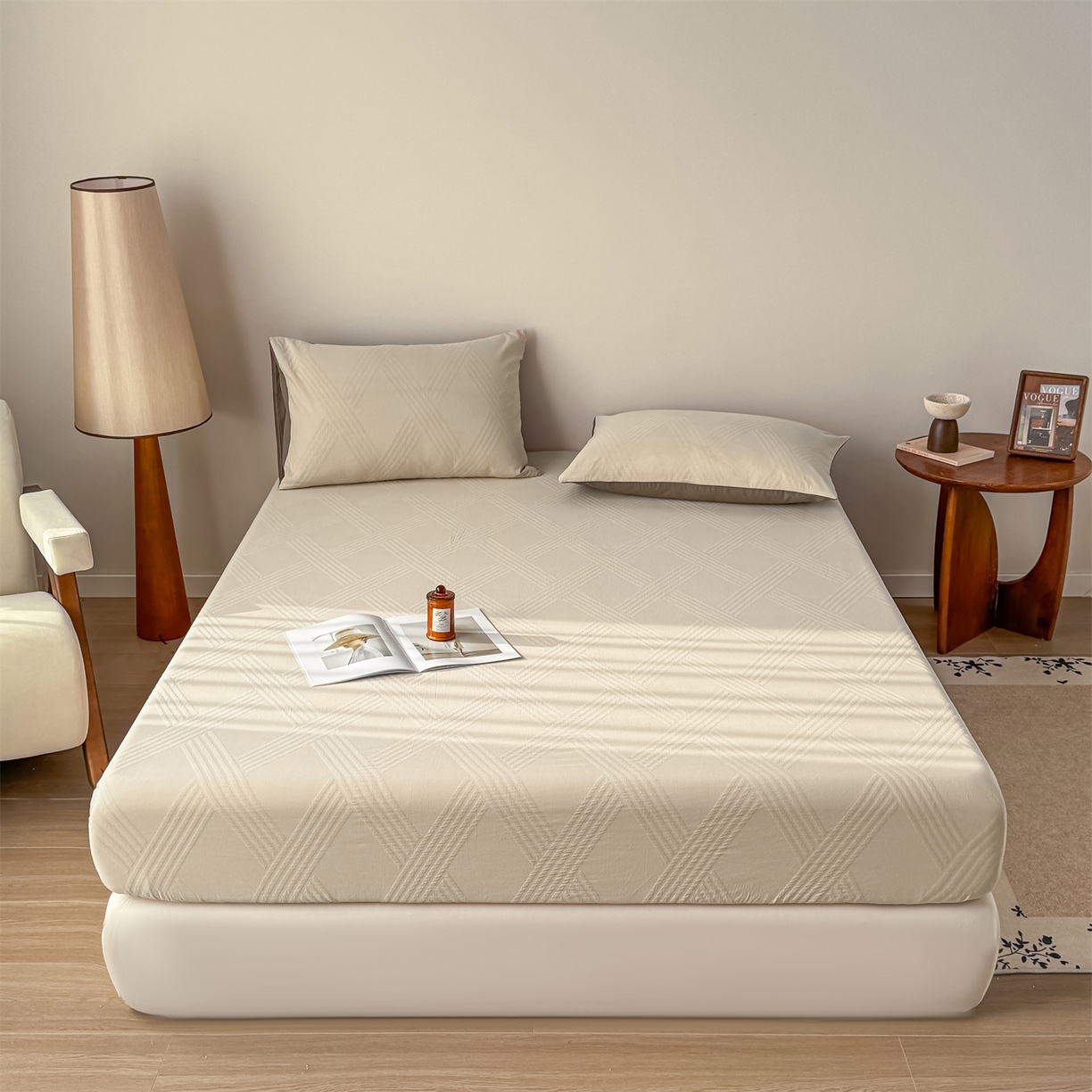 91家纺网 家纺一手货源 找家纺 灰鲸 2026新款全棉纯棉厚织三层水洗色织提花床笠单品床笠床笠单件 维希-可可奶咖