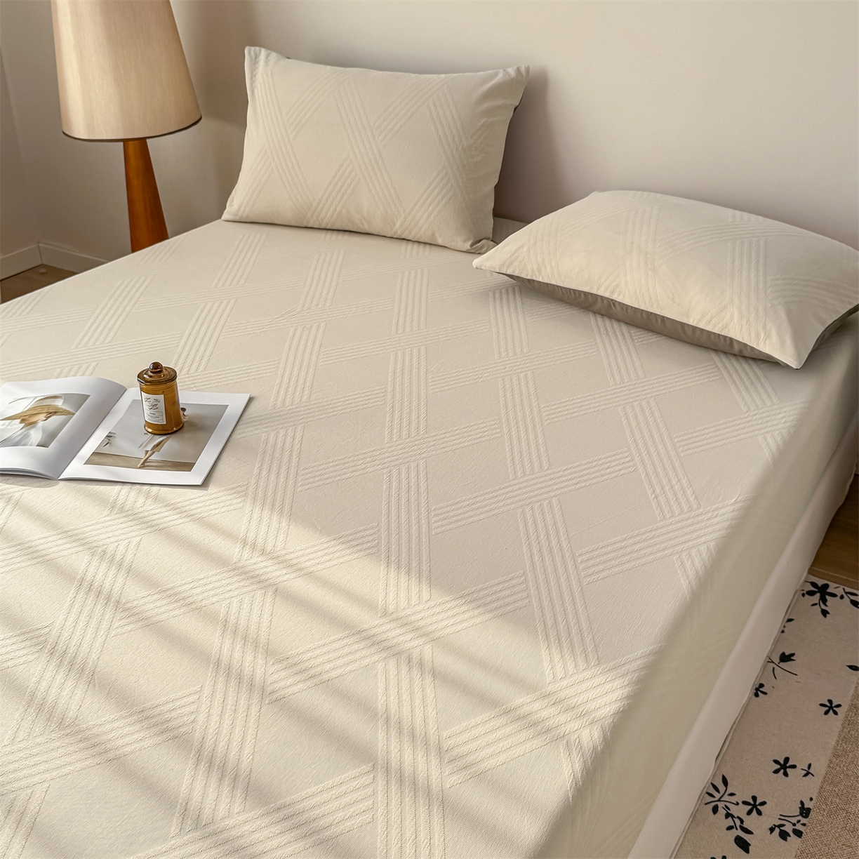 91家纺网 家纺一手货源 找家纺 灰鲸 2026新款全棉纯棉厚织三层水洗色织提花床笠单品床笠床笠单件 维希-可可奶咖