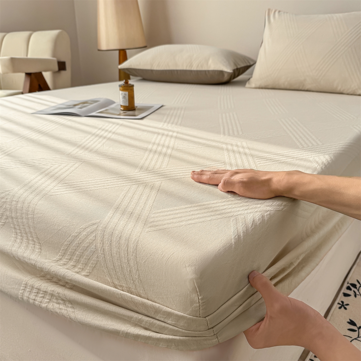 91家纺网 家纺一手货源 找家纺 灰鲸 2026新款全棉纯棉厚织三层水洗色织提花床笠单品床笠床笠单件 维希-可可奶咖