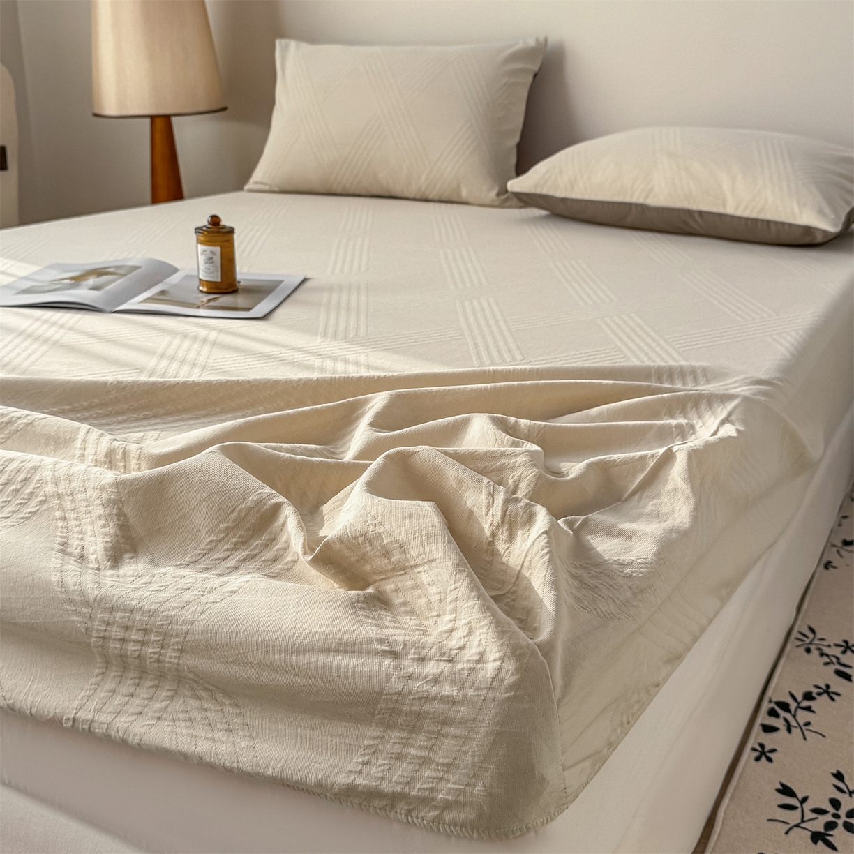 91家纺网 家纺一手货源 找家纺 灰鲸 2026新款全棉纯棉厚织三层水洗色织提花床笠单品床笠床笠单件 维希-可可奶咖