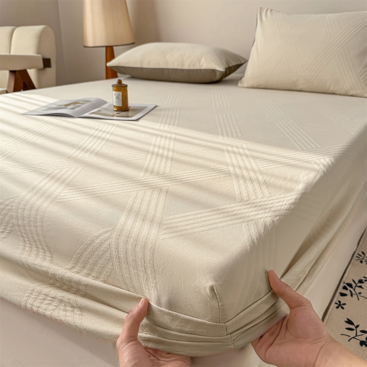 91家纺网 家纺一手货源 找家纺 灰鲸 2026新款全棉纯棉厚织三层水洗色织提花床笠单品床笠床笠单件 维希-可可奶咖