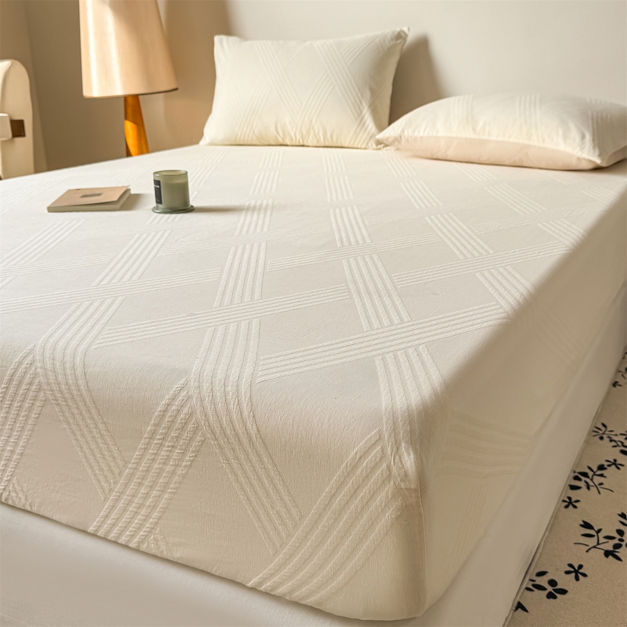 91家纺网 家纺一手货源 找家纺 灰鲸 2026新款全棉纯棉厚织三层水洗色织提花床笠单品床笠床笠单件 维希-杏仁奶霜