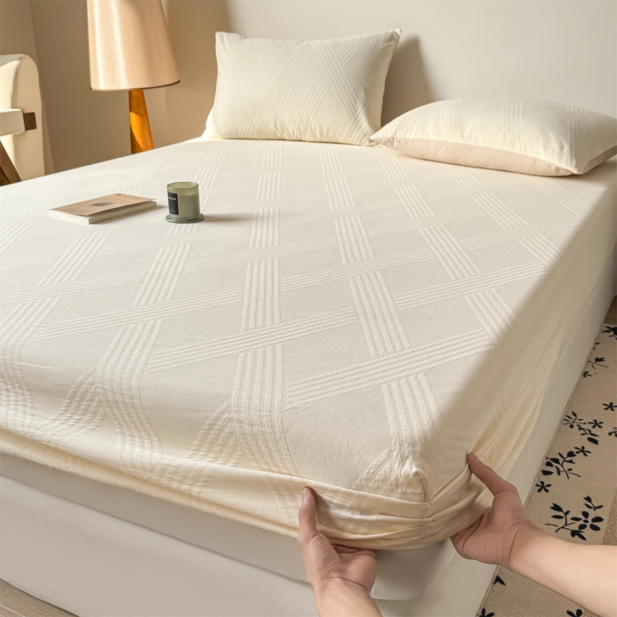 91家纺网 家纺一手货源 找家纺 灰鲸 2026新款全棉纯棉厚织三层水洗色织提花床笠单品床笠床笠单件 维希-杏仁奶霜