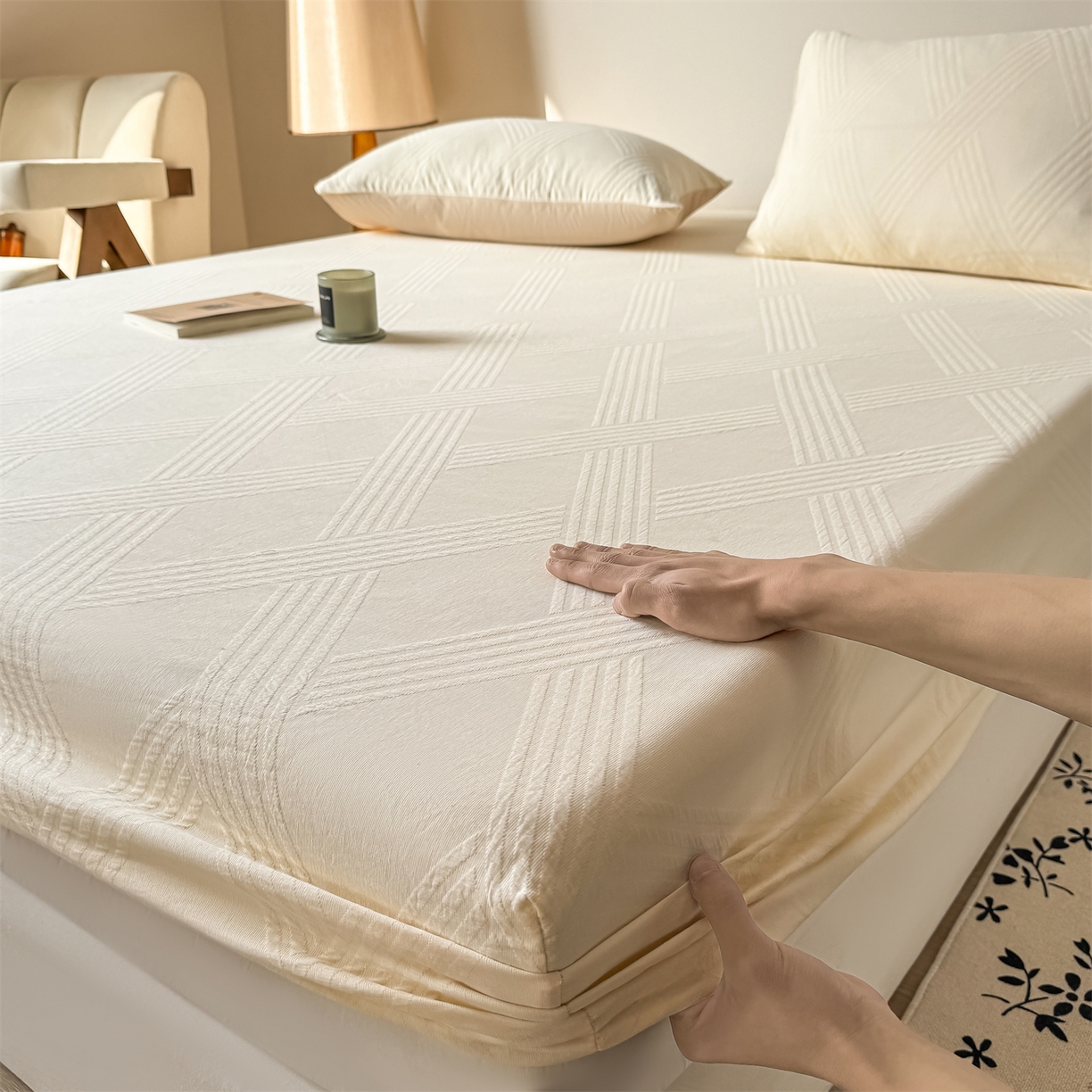 91家纺网 家纺一手货源 找家纺 灰鲸 2026新款全棉纯棉厚织三层水洗色织提花床笠单品床笠床笠单件 维希-杏仁奶霜