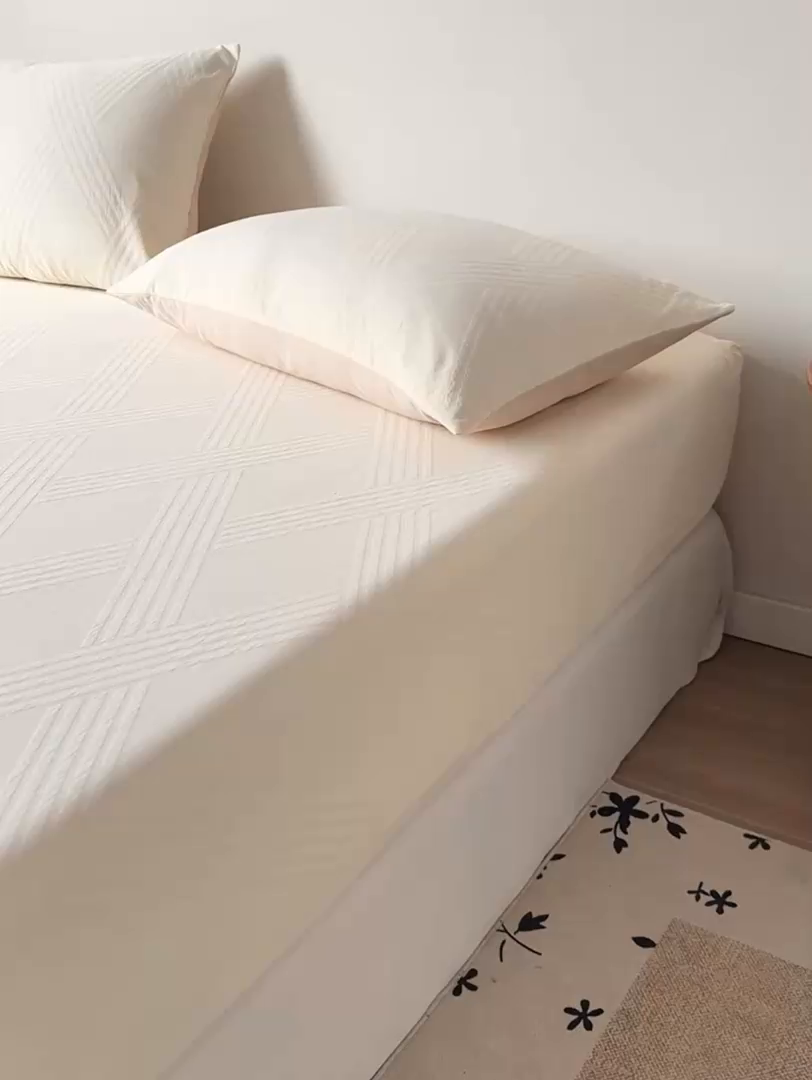 91家纺网 家纺一手货源 找家纺 灰鲸 2026新款全棉纯棉厚织三层水洗色织提花床笠单品床笠床笠单件 维希-杏仁奶霜