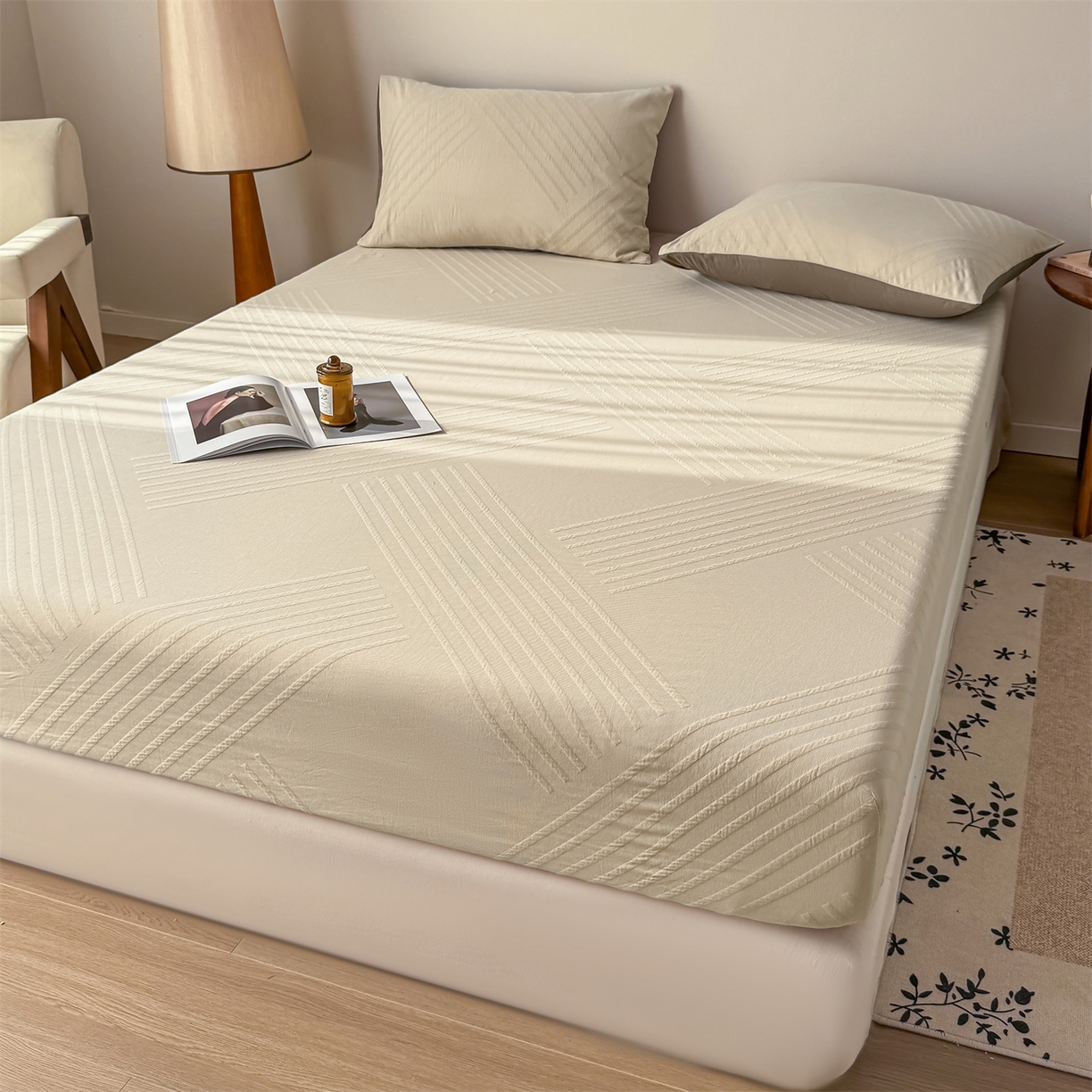 91家纺网 家纺一手货源 找家纺 灰鲸 2026新款全棉纯棉厚织三层水洗色织提花床笠单品床笠床笠单件 云汐-可可奶咖