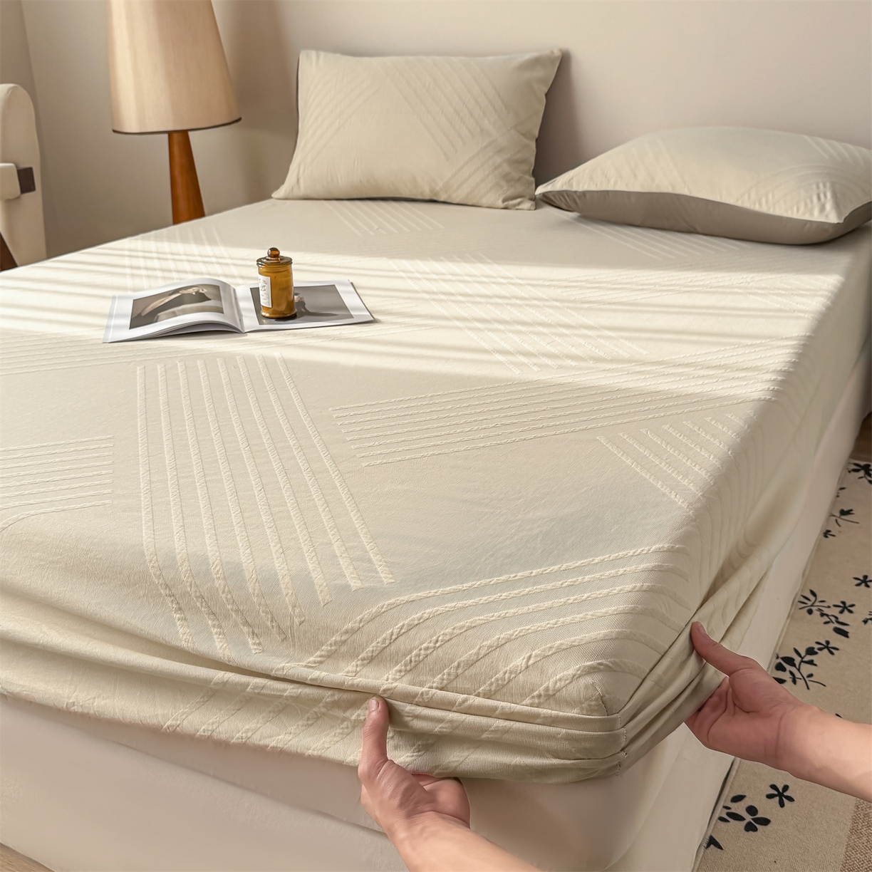 91家纺网 家纺一手货源 找家纺 灰鲸 2026新款全棉纯棉厚织三层水洗色织提花床笠单品床笠床笠单件 云汐-可可奶咖