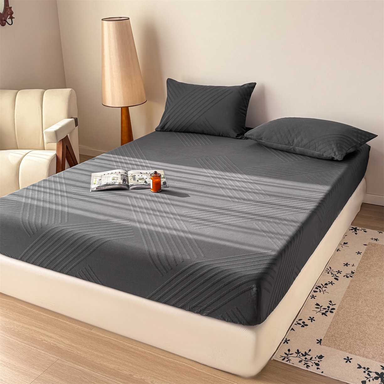 91家纺网 家纺一手货源 找家纺 灰鲸 2026新款全棉纯棉厚织三层水洗色织提花床笠单品床笠床笠单件 云汐-素墨