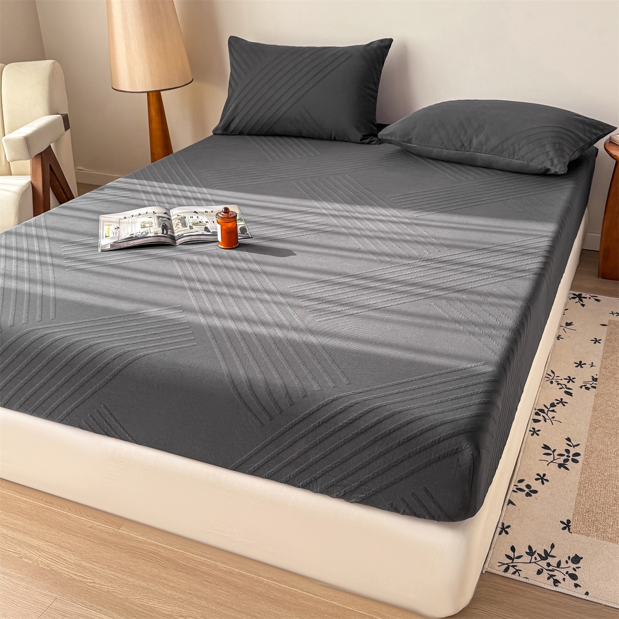 91家纺网 家纺一手货源 找家纺 灰鲸 2026新款全棉纯棉厚织三层水洗色织提花床笠单品床笠床笠单件 云汐-素墨