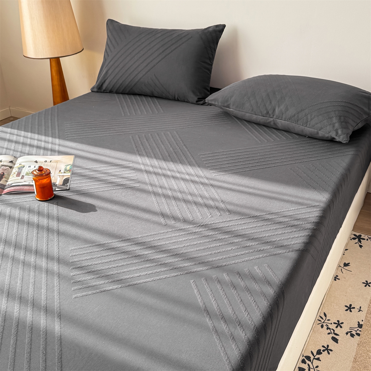 91家纺网 家纺一手货源 找家纺 灰鲸 2026新款全棉纯棉厚织三层水洗色织提花床笠单品床笠床笠单件 云汐-素墨