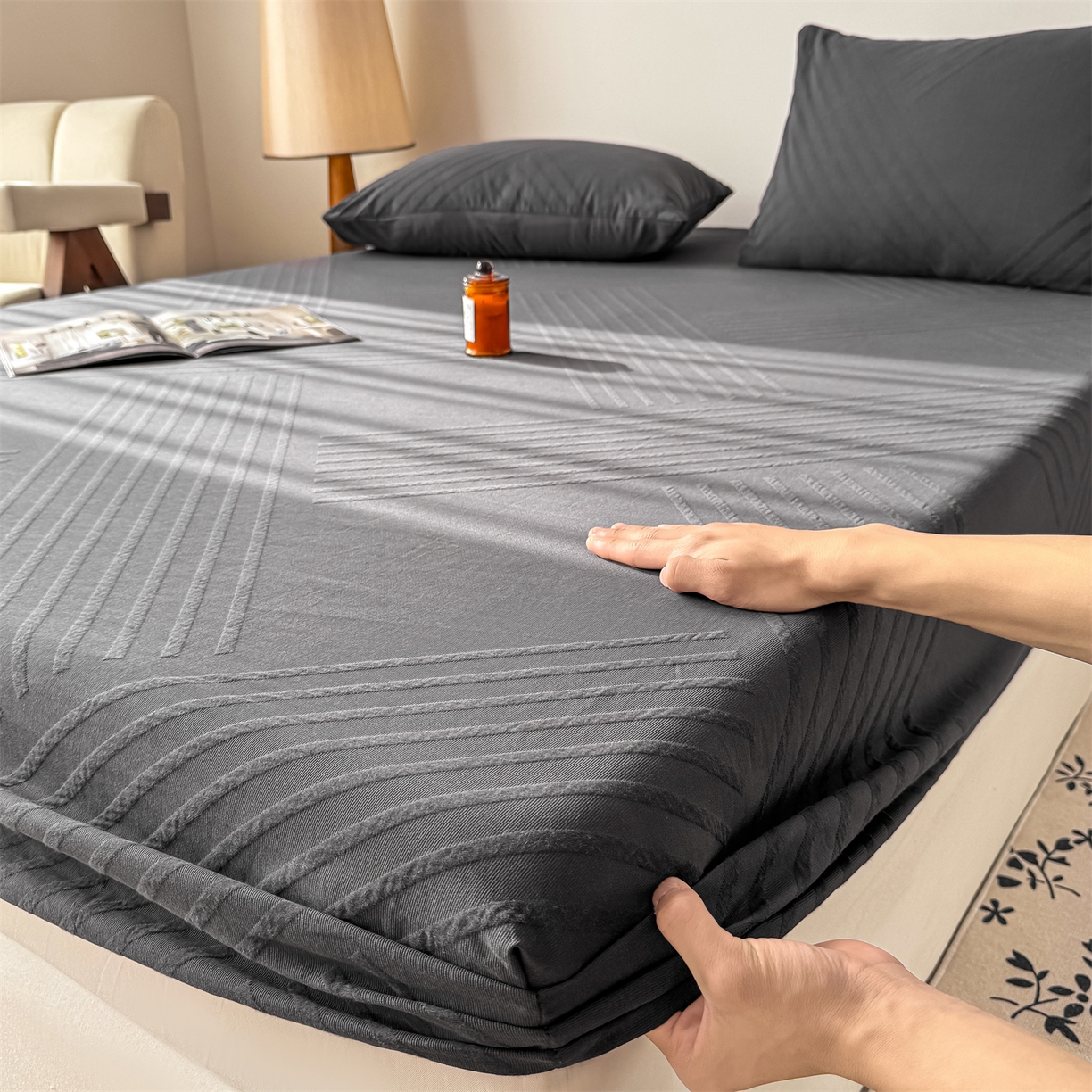 91家纺网 家纺一手货源 找家纺 灰鲸 2026新款全棉纯棉厚织三层水洗色织提花床笠单品床笠床笠单件 云汐-素墨