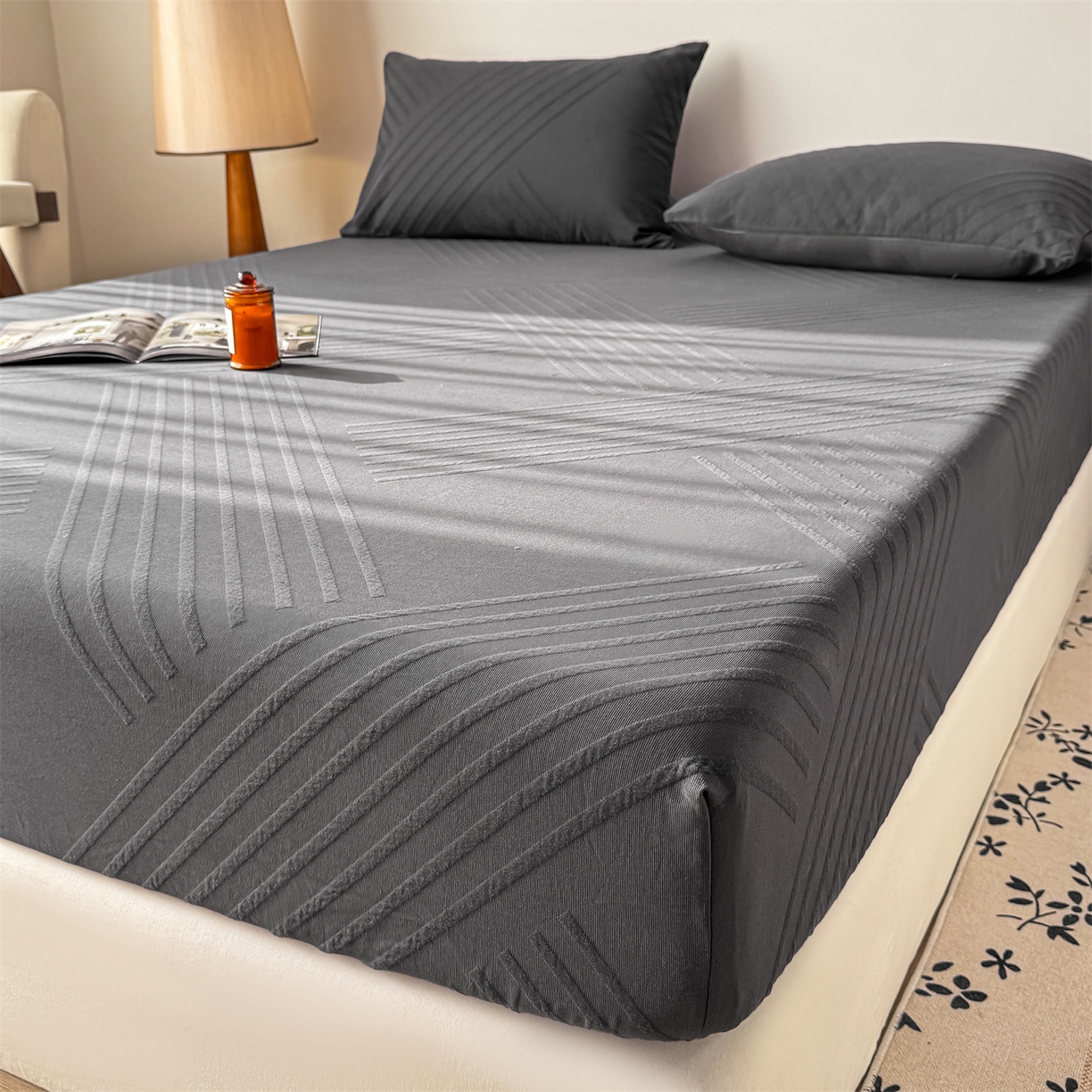 91家纺网 家纺一手货源 找家纺 灰鲸 2026新款全棉纯棉厚织三层水洗色织提花床笠单品床笠床笠单件 云汐-素墨