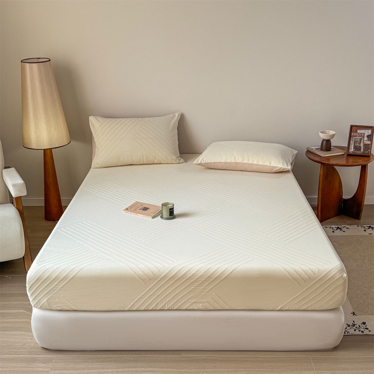 91家纺网 家纺一手货源 找家纺 灰鲸 2026新款全棉纯棉厚织三层水洗色织提花床笠单品床笠床笠单件 云汐-杏仁奶霜