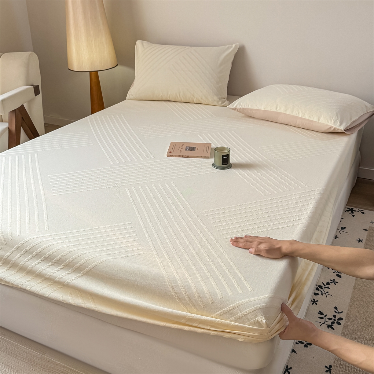 灰鲸 2026新款全棉纯棉厚织三层水洗色织提花床笠单品床笠床笠单件 云汐-杏仁奶霜