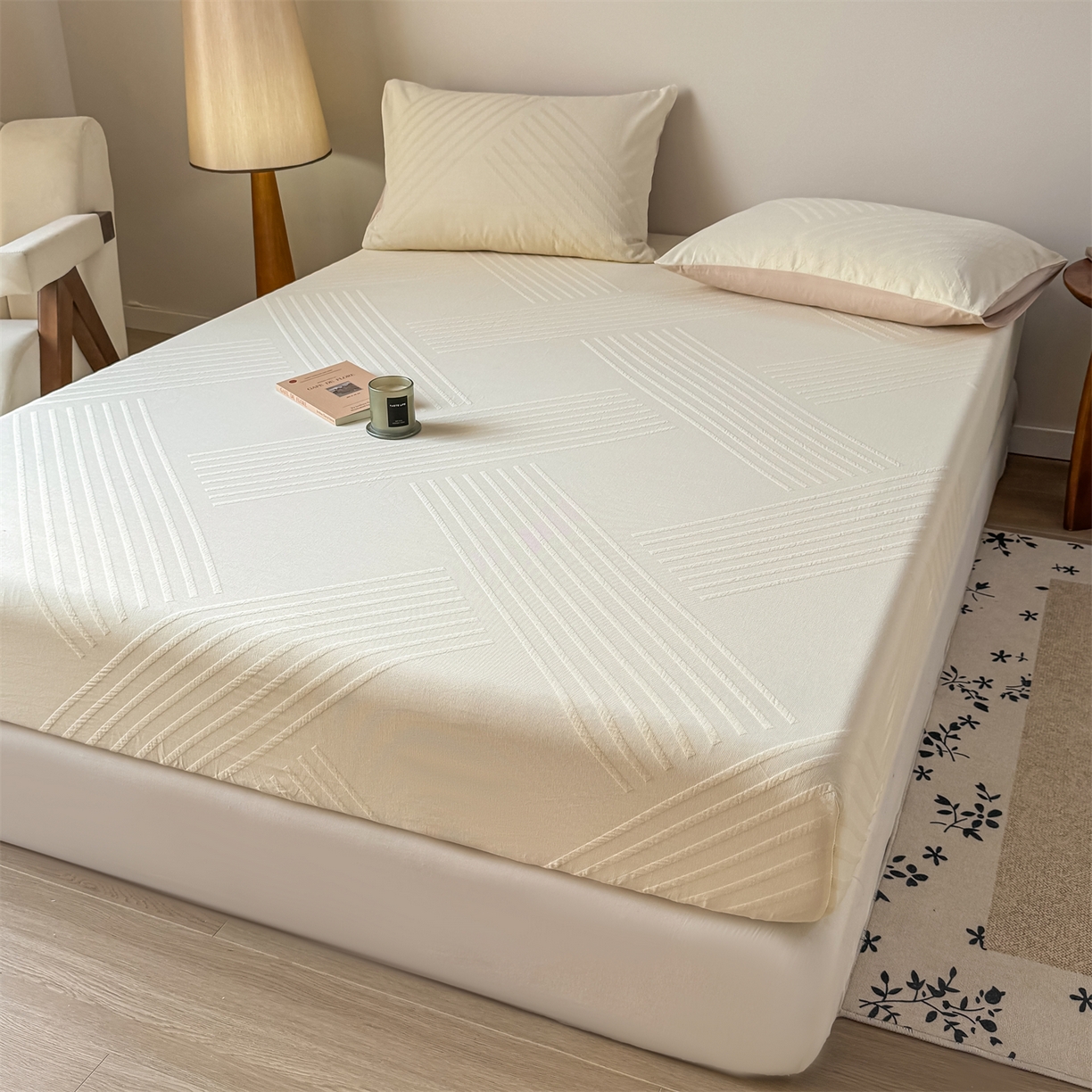 91家纺网 家纺一手货源 找家纺 灰鲸 2026新款全棉纯棉厚织三层水洗色织提花床笠单品床笠床笠单件 云汐-杏仁奶霜