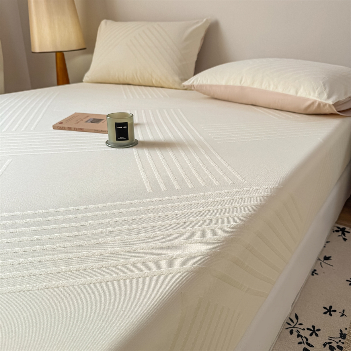 91家纺网 家纺一手货源 找家纺 灰鲸 2026新款全棉纯棉厚织三层水洗色织提花床笠单品床笠床笠单件 云汐-杏仁奶霜