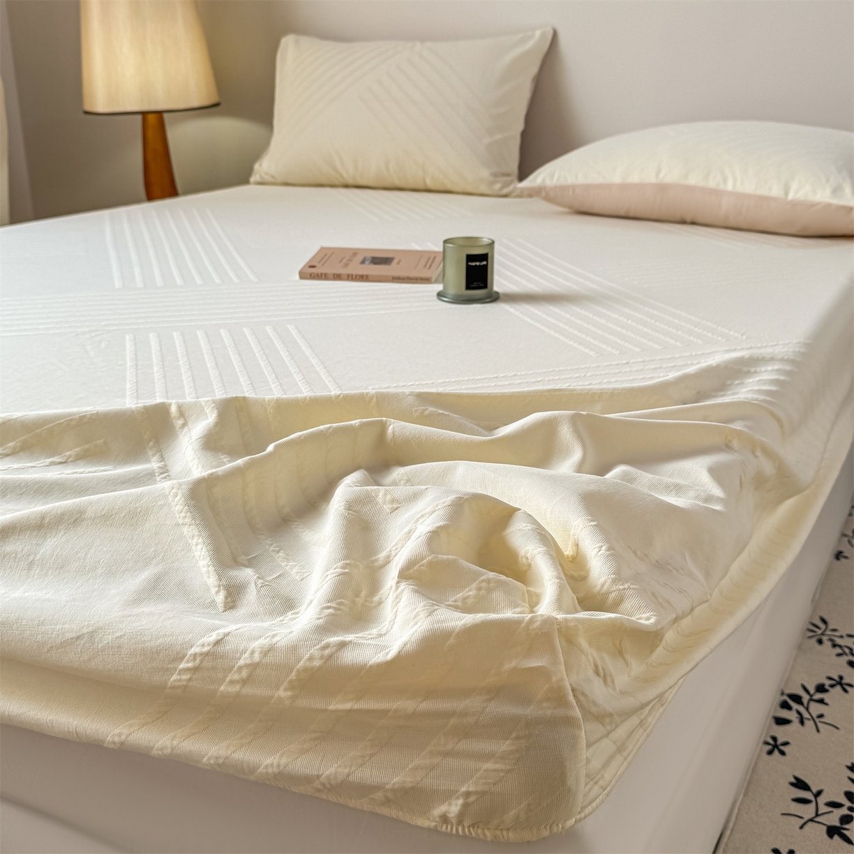 91家纺网 家纺一手货源 找家纺 灰鲸 2026新款全棉纯棉厚织三层水洗色织提花床笠单品床笠床笠单件 云汐-杏仁奶霜