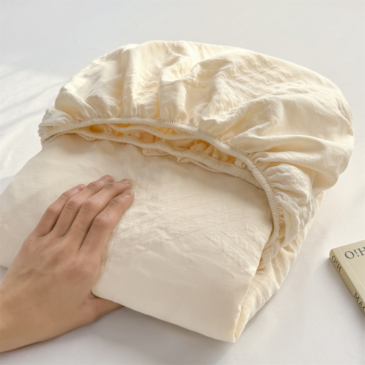 91家纺网 家纺一手货源 找家纺 灰鲸 2026新款全棉纯棉厚织三层水洗色织提花床笠单品床笠床笠单件 云汐-杏仁奶霜