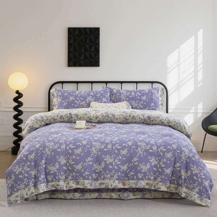 91家纺网 家纺一手货源 找家纺 （总）仰望棉麻双层纱供应链 2026新款全棉色织提花双层纱四件套-花茉羽,花茉羽-紫