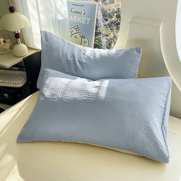 91家纺网 家纺一手货源 找家纺 优承佳生活馆 2026新款软糯双拼泡芙纱四件套 天空蓝+奶油黄